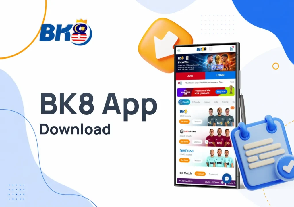 Phone displaying the BK8 homepage with download and registration icons beside it.