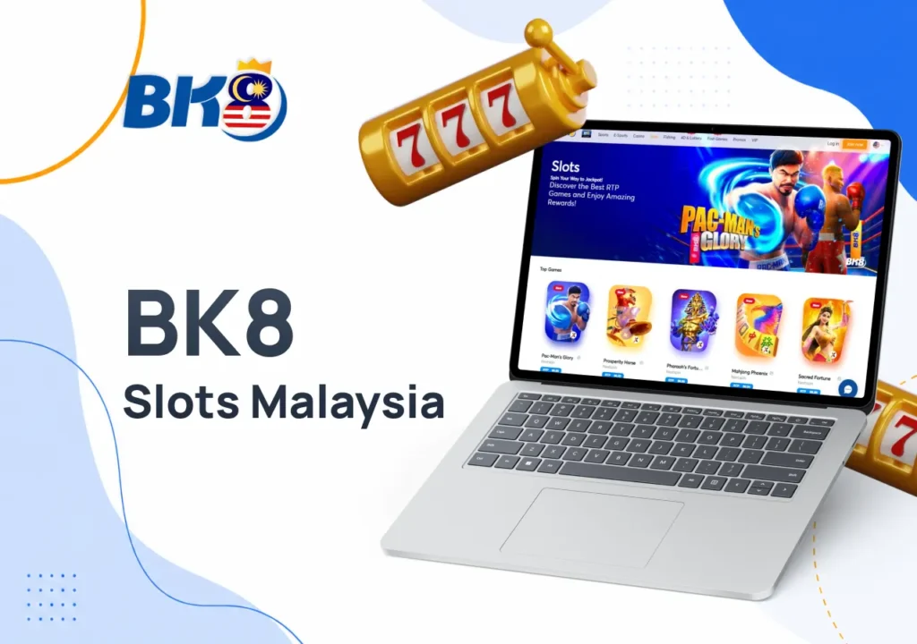 Laptop displaying the BK8 slots page with top slot games and slot icons beside it.