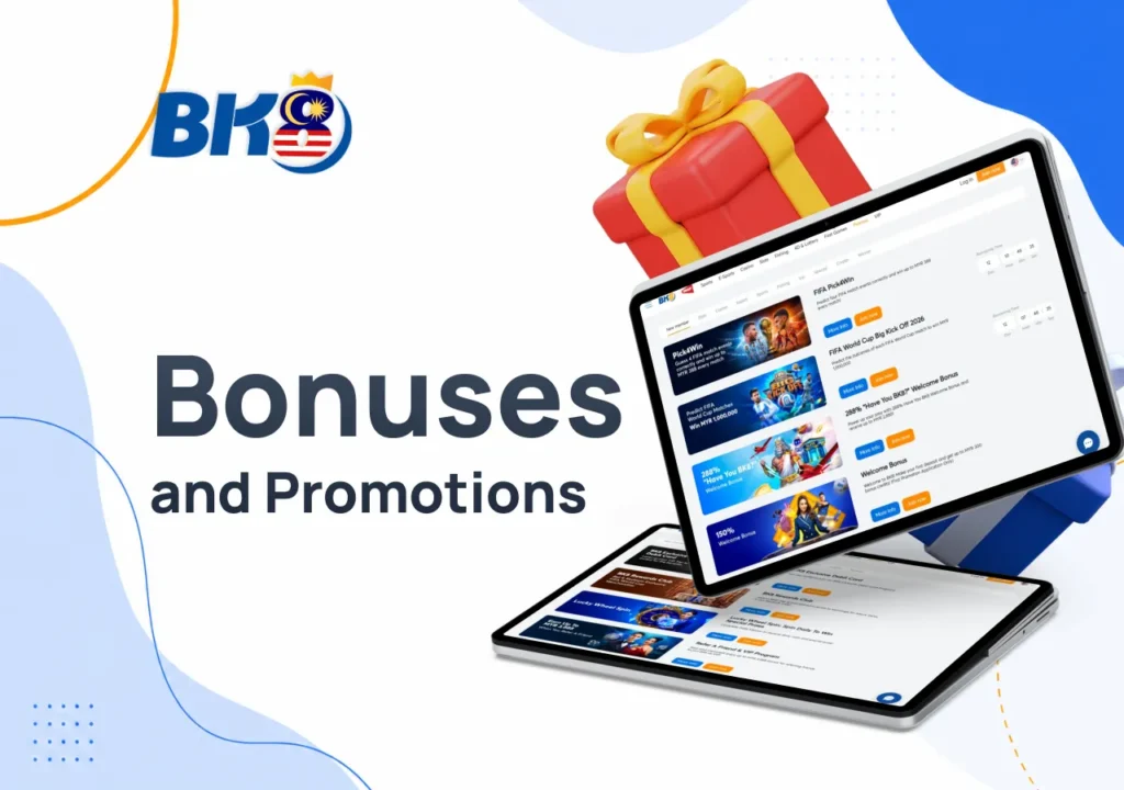 Two tablets displaying BK8 welcome bonus and VIP bonus screens with two gift boxes beside them.