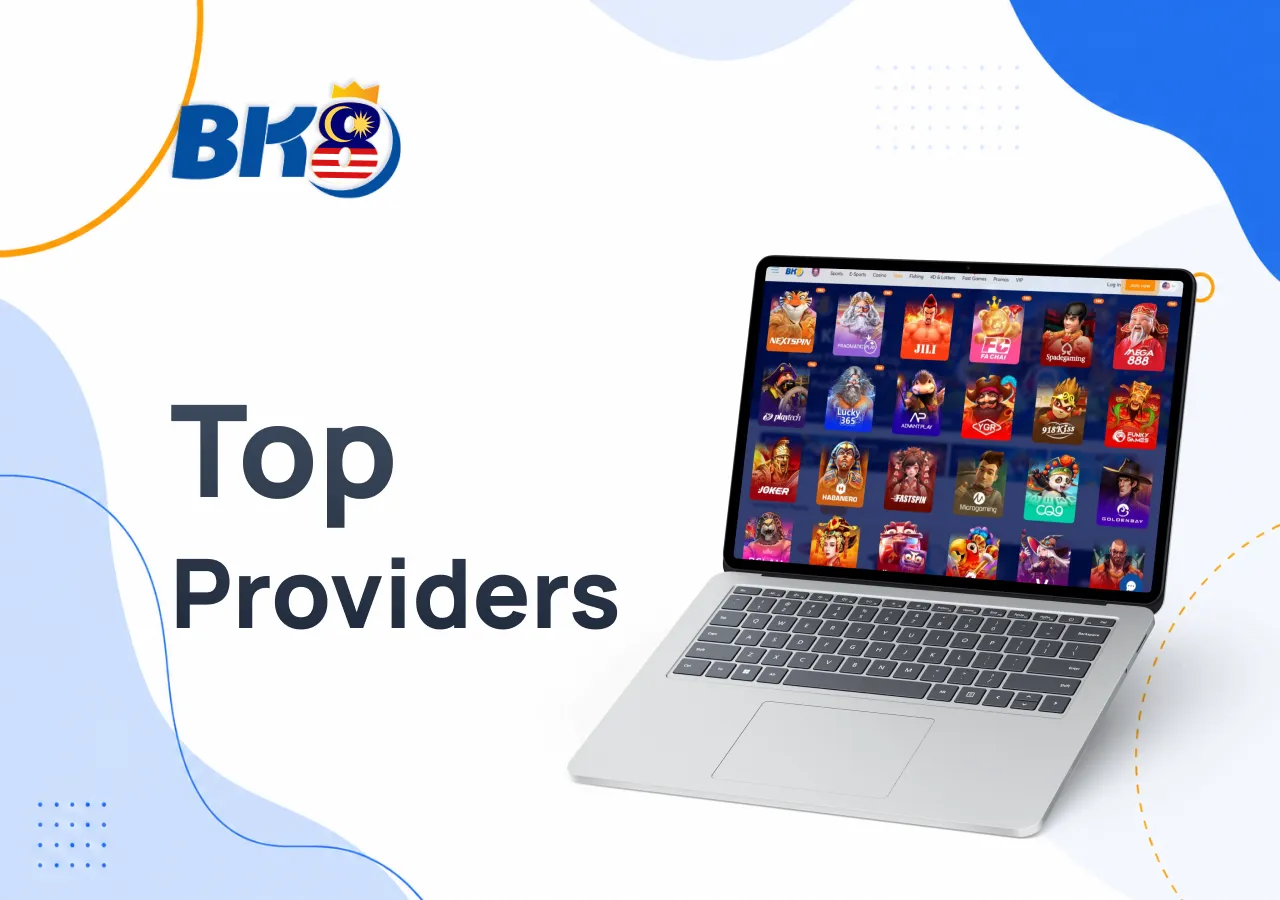 Laptop showing the BK8 game providers page.