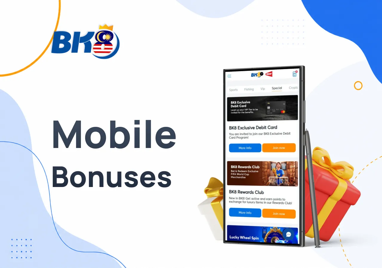 Phone displaying mobile bonuses with two promotional gift boxes beside it.