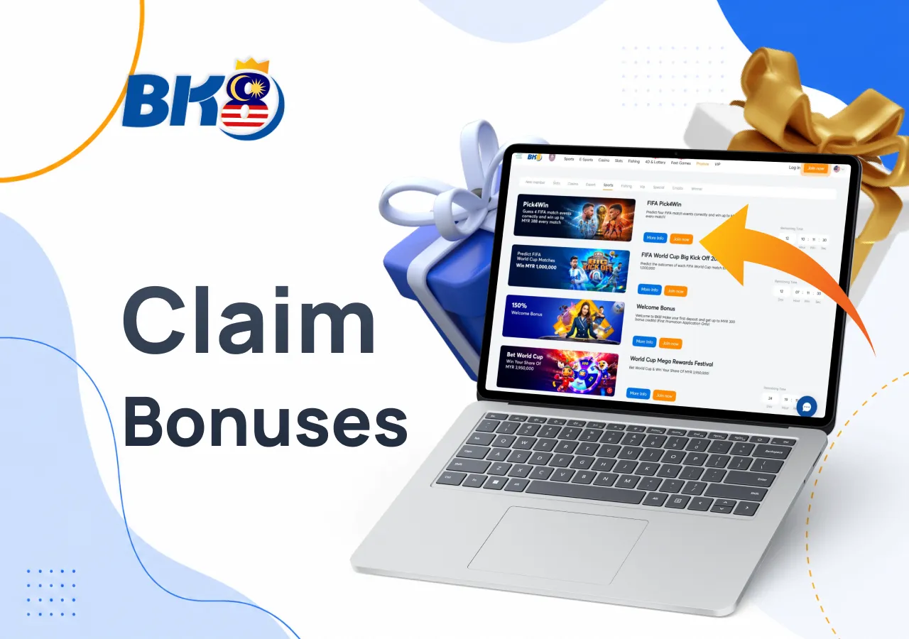 Laptop showing BK8 bonus page with an arrow pointing to the claim bonus button and two gift boxes beside it.