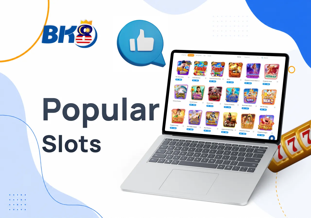 Laptop showing the popular slots library with a slot icon and thumbs-up symbol beside it.