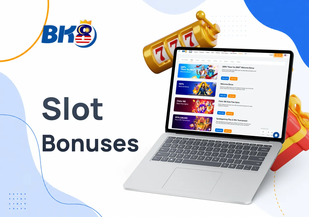 Laptop displaying slot bonuses with a slot machine and gift box beside it.